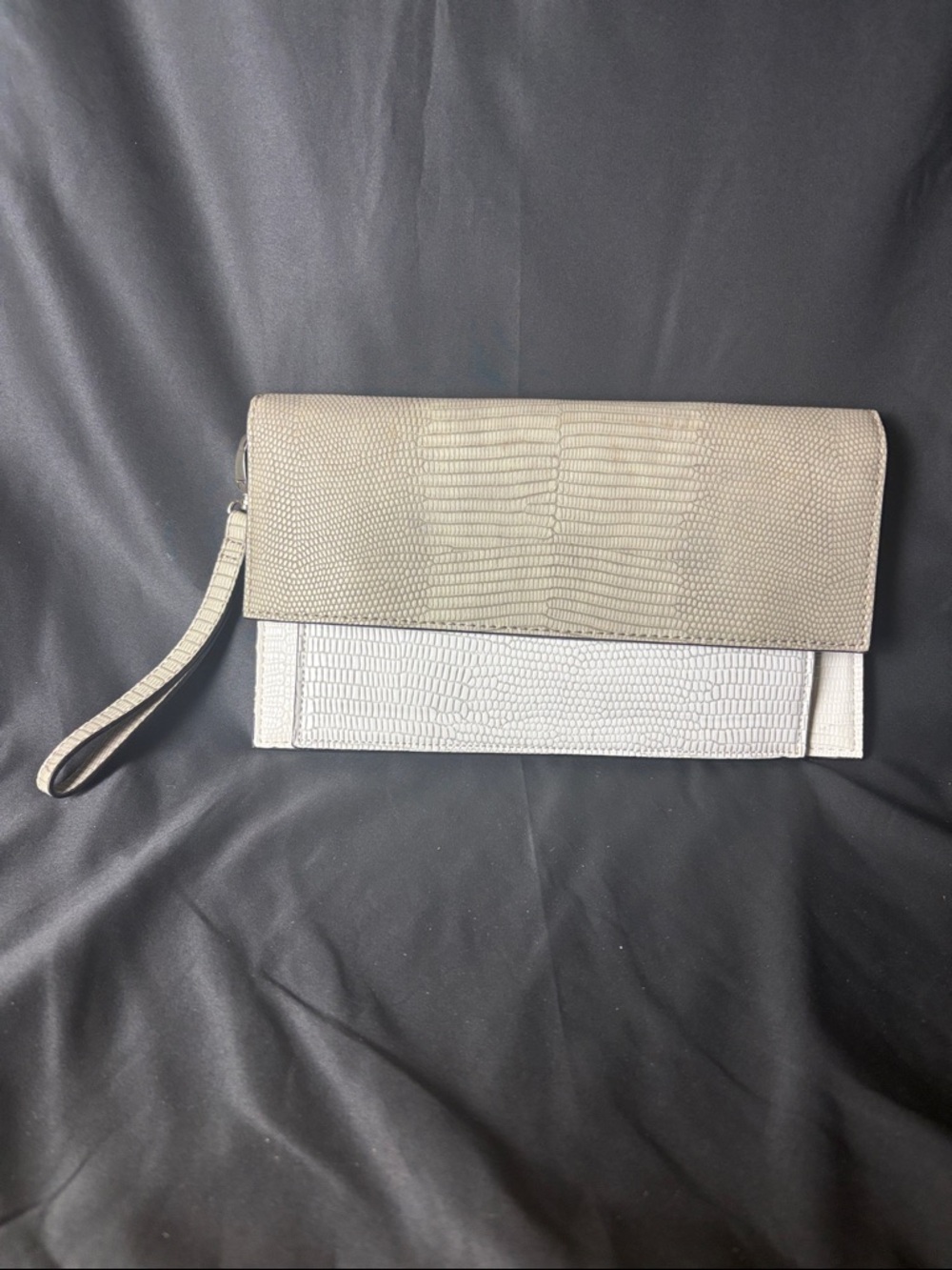 Sondra Roberts Taupe and White Faux-Croc Fold-Over Wristlet